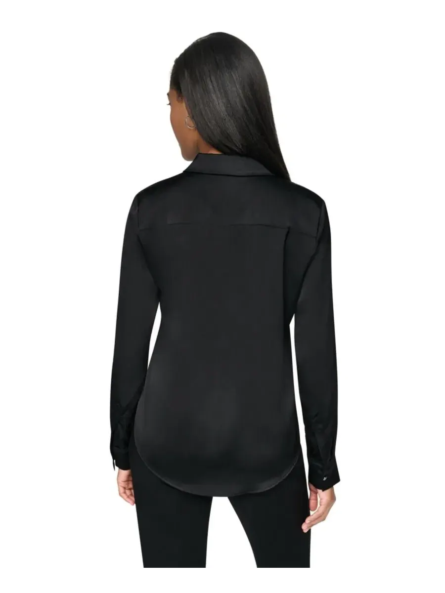 Блузка с длинным рукавом Petite Satin Front-Button Long-Sleeve Top DKNY — изображение 4 из 6, черный