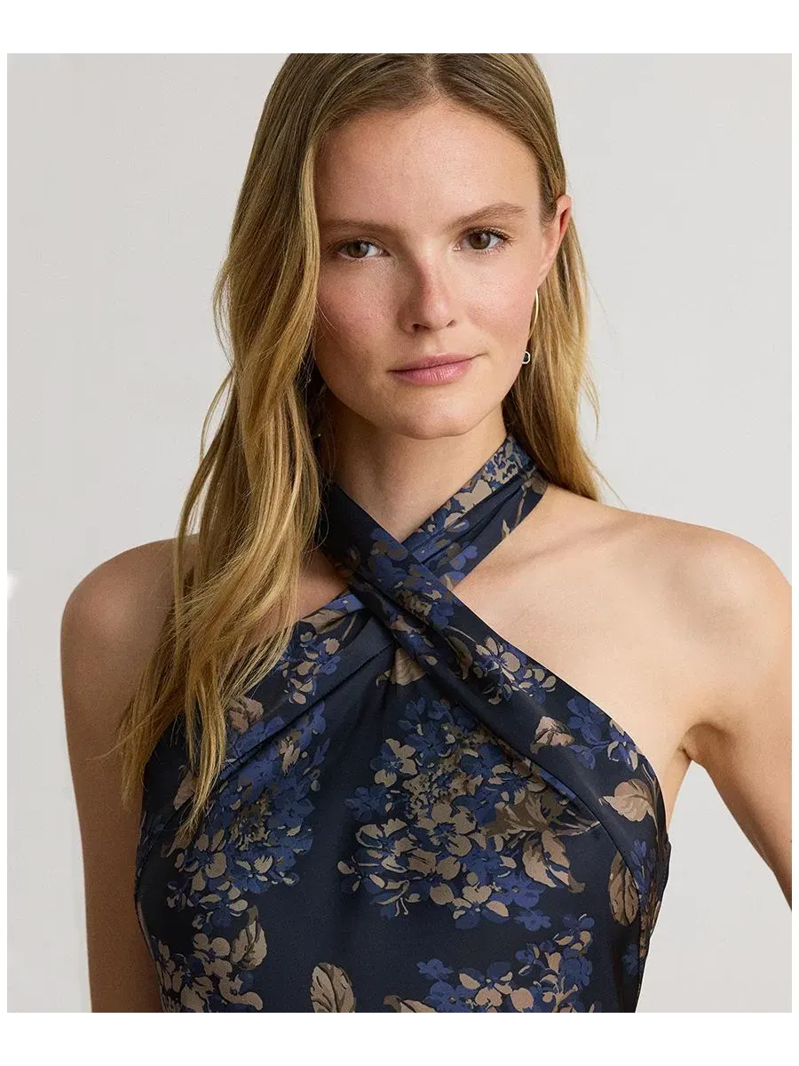 Платье-комбинация с галстуком-завязкой и принтом Hydrangea Lauren Ralph Lauren — изображение 3 из 5, темно-синий мульти