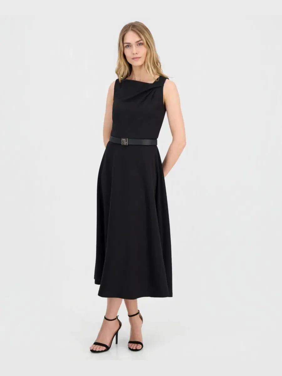 Платье миди без рукавов с асимметричным вырезом и поясом Anne Klein — изображение 1 из 5, черный