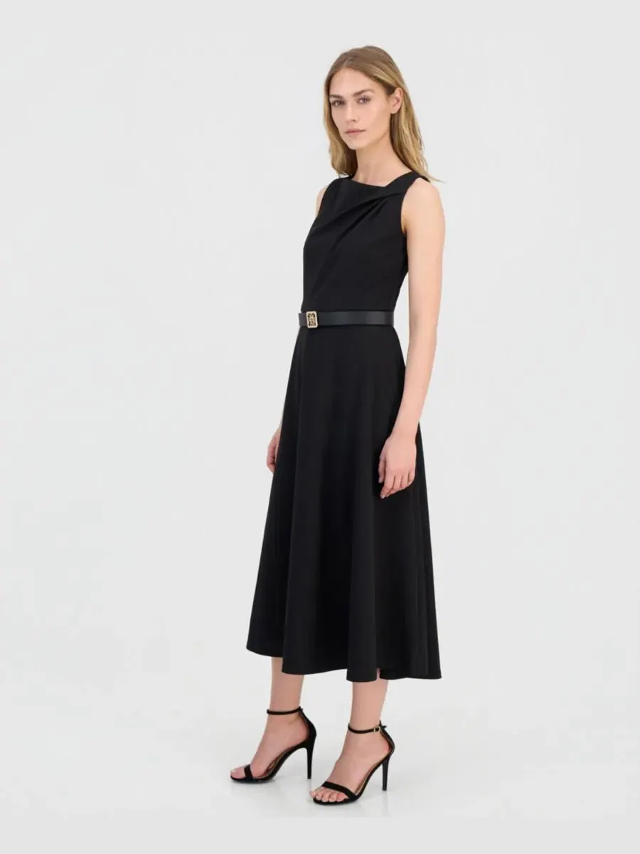 Платье миди без рукавов с асимметричным вырезом и поясом Anne Klein — изображение 3 из 5, черный
