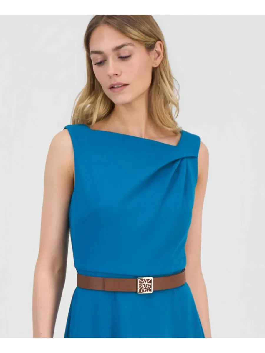 Платье миди с асимметричным вырезом и поясом Anne Klein — изображение 2 из 3, бирюзовый