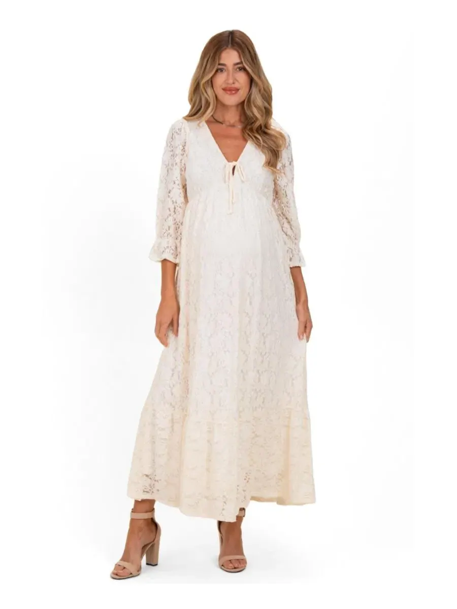 Платье макси с кружевными вставками и рукавами 3/4, модель Floral Lace Pinkblush — изображение 1 из 6, белый
