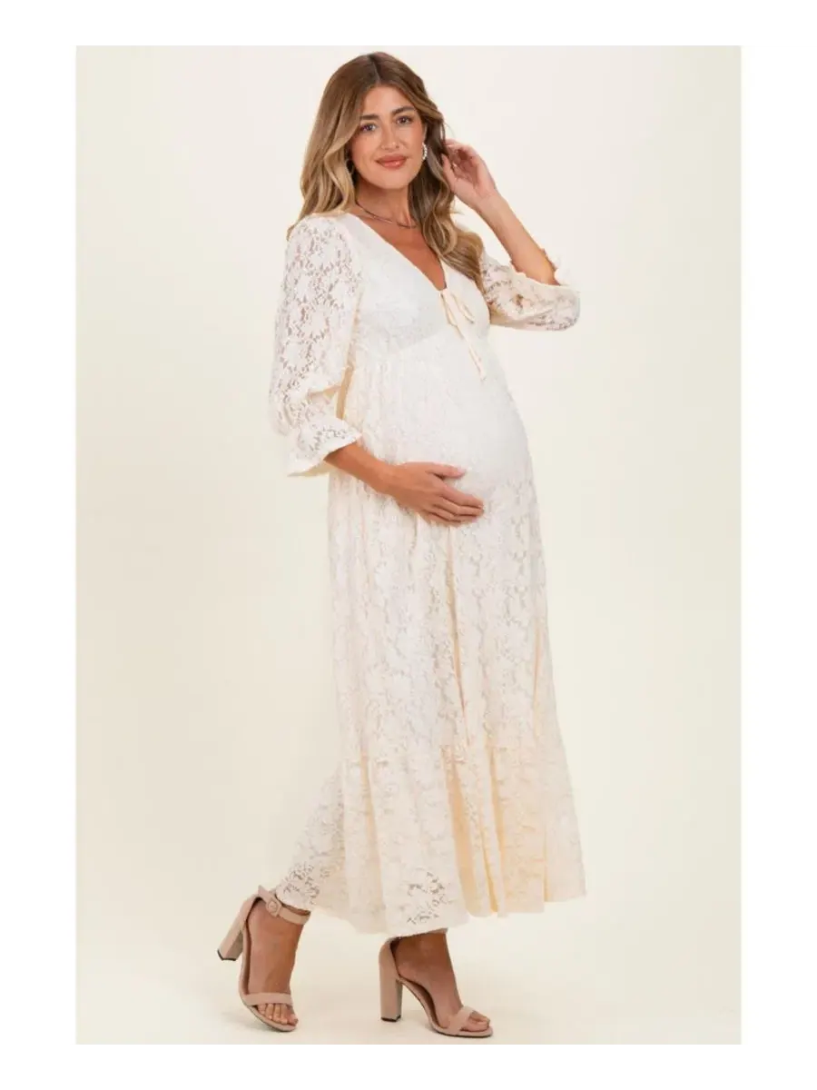 Платье макси с кружевными вставками и рукавами 3/4, модель Floral Lace Pinkblush — изображение 2 из 6, белый
