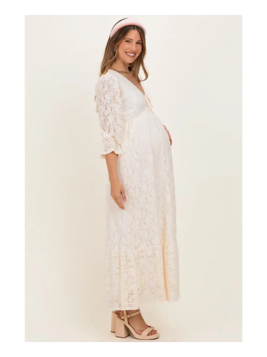 Платье макси с кружевными вставками и рукавами 3/4, модель Floral Lace Pinkblush — изображение 4 из 6, белый