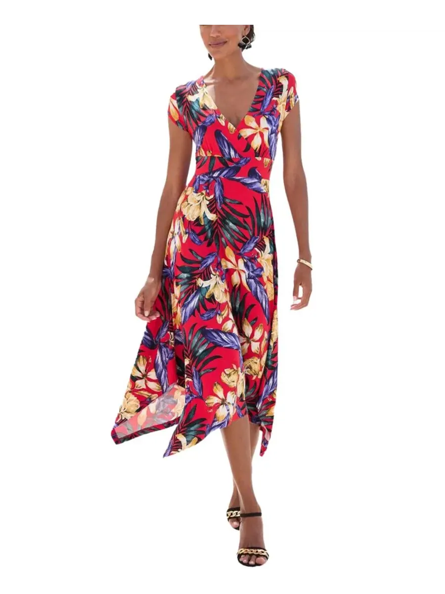 Платье из джерси с V-образным вырезом и асимметричным подолом LASCANA — изображение 1 из 7, красный мульти