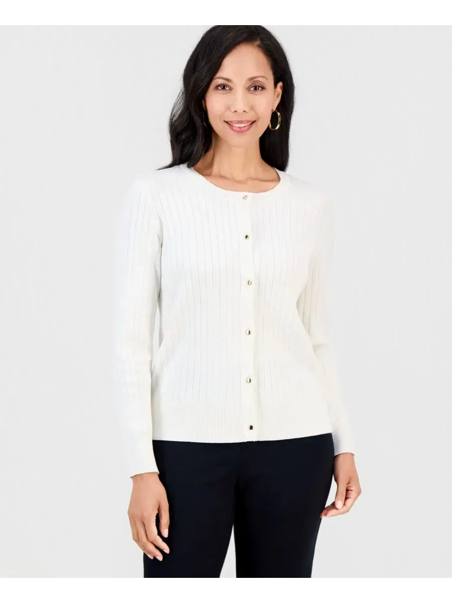Кардиган с воротником-хомутом и пуговицами спереди, модель Petite Ribbed Crewneck Button-Front — изображение 1 из 3