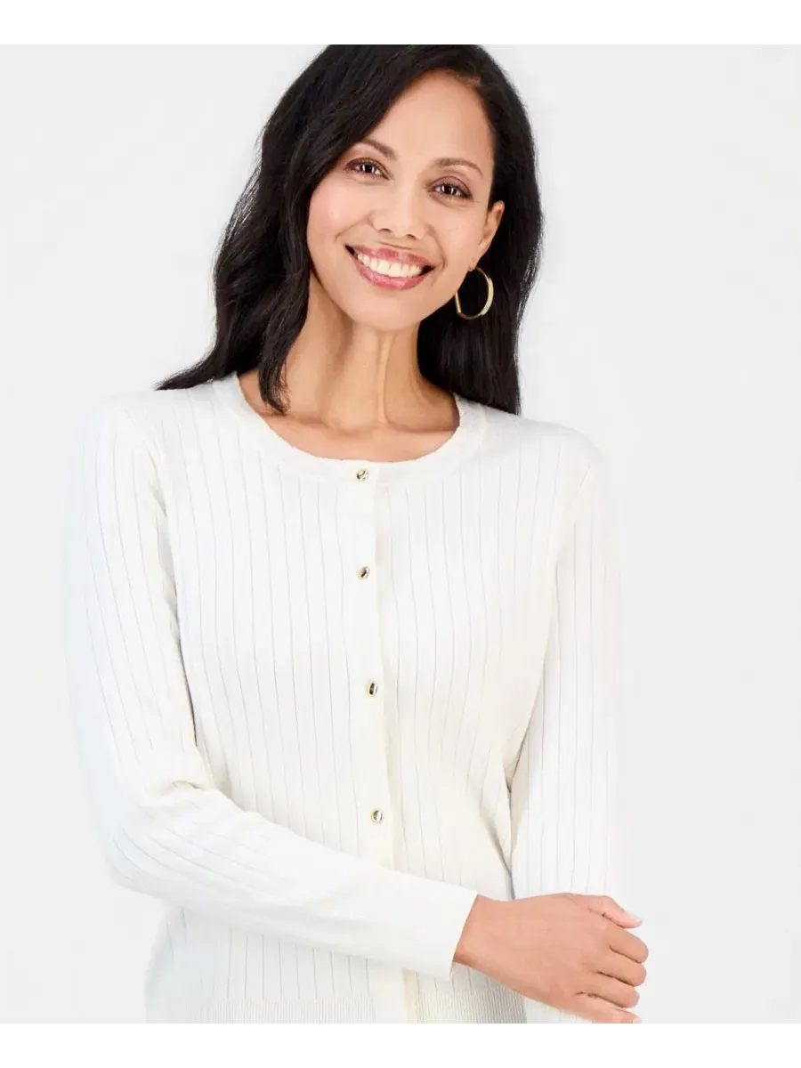 Кардиган с воротником-хомутом и пуговицами спереди, модель Petite Ribbed Crewneck Button-Front — изображение 2 из 3