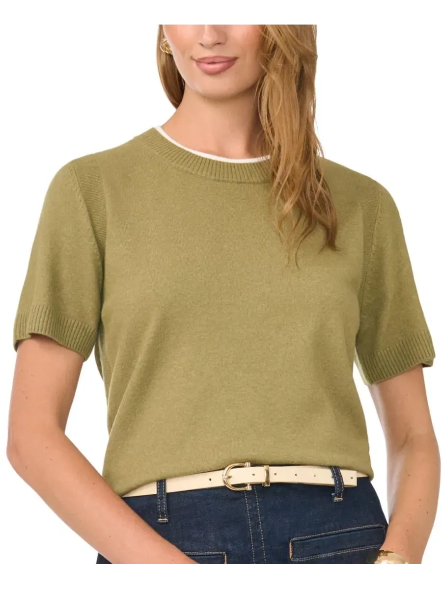 Свитер с контрастным вырезом и коротким рукавом, модель Contrast-Neck Short-Sleeve Vince Camuto — изображение 1 из 6