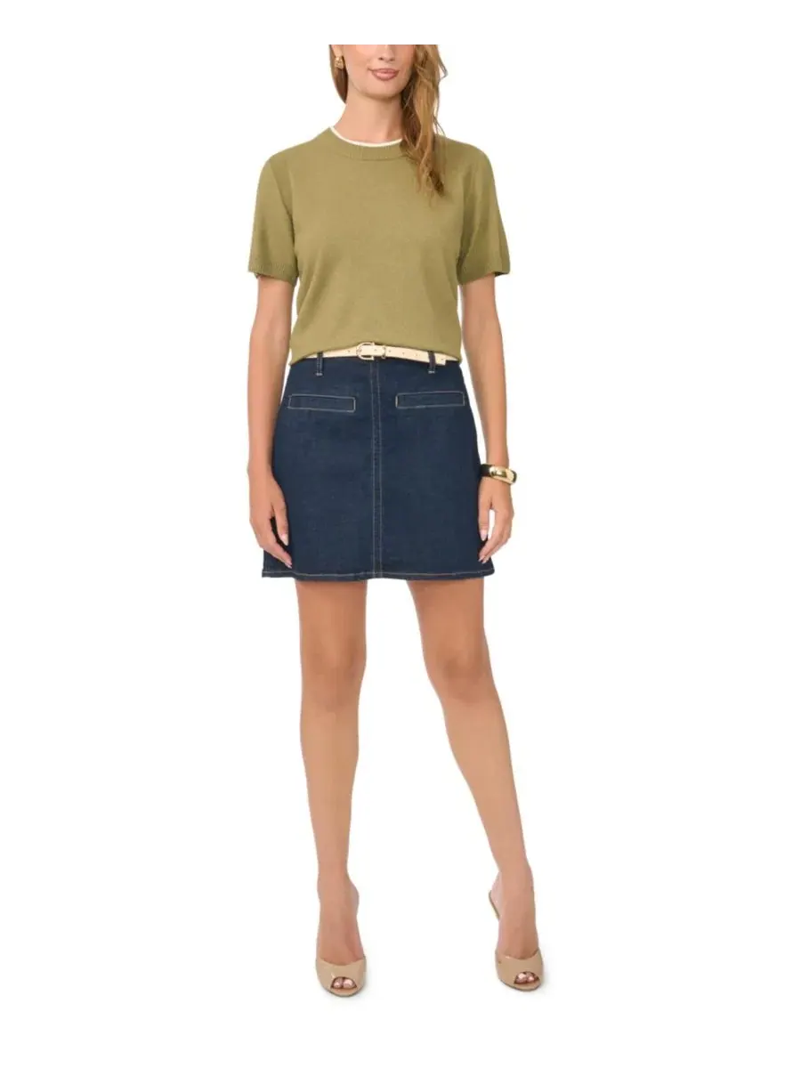 Свитер с контрастным вырезом и коротким рукавом, модель Contrast-Neck Short-Sleeve Vince Camuto — изображение 2 из 6