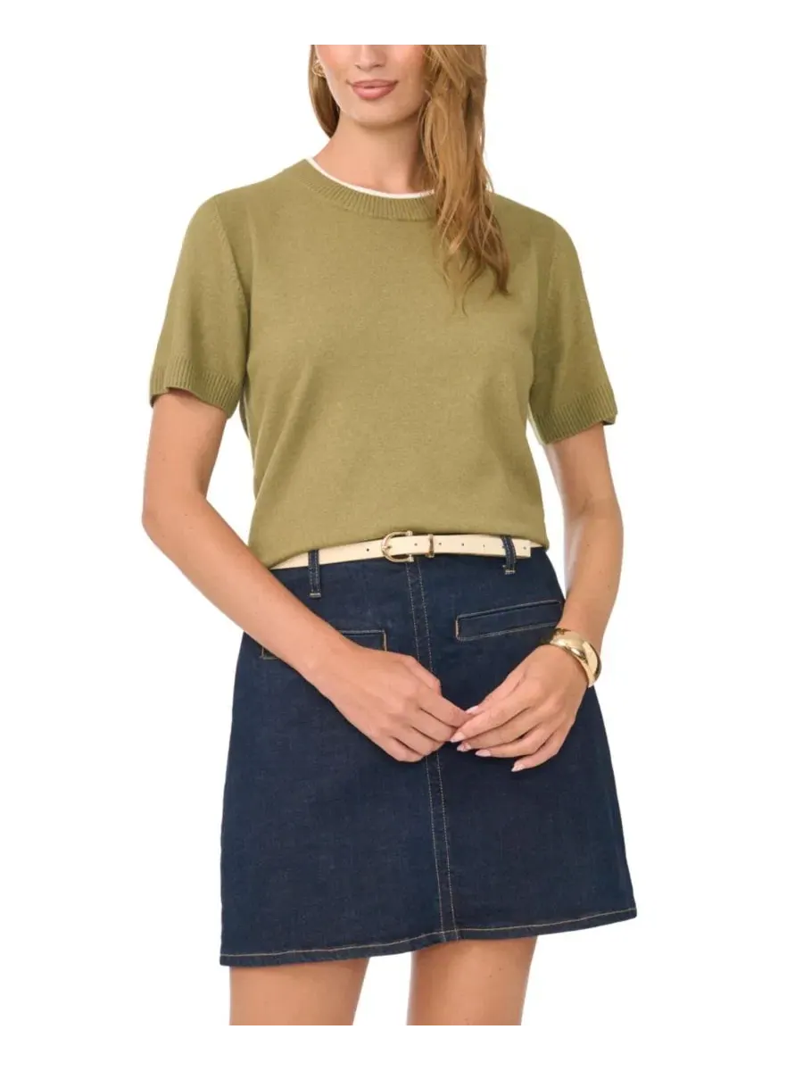 Свитер с контрастным вырезом и коротким рукавом, модель Contrast-Neck Short-Sleeve Vince Camuto — изображение 3 из 6