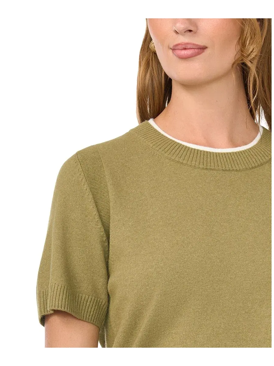 Свитер с контрастным вырезом и коротким рукавом, модель Contrast-Neck Short-Sleeve Vince Camuto — изображение 4 из 6