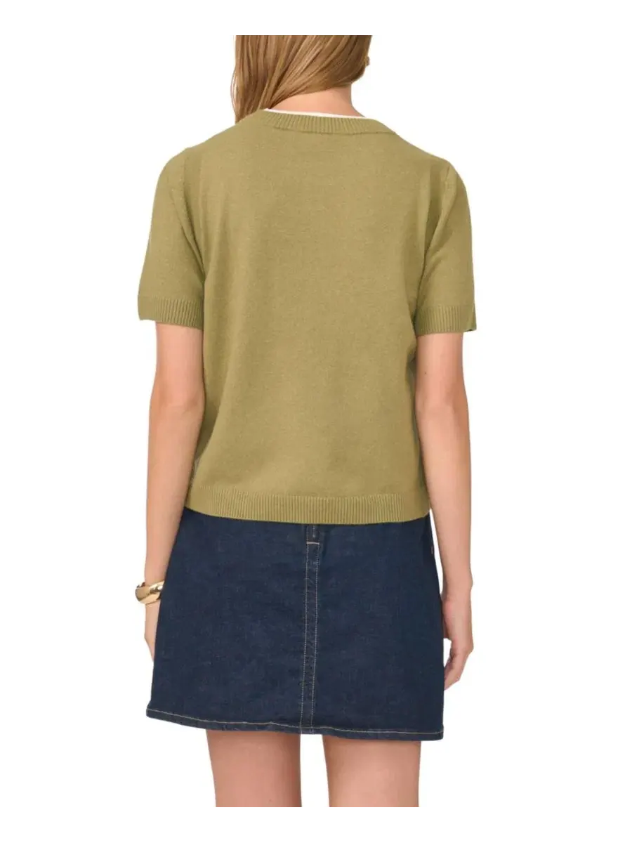 Свитер с контрастным вырезом и коротким рукавом, модель Contrast-Neck Short-Sleeve Vince Camuto — изображение 5 из 6