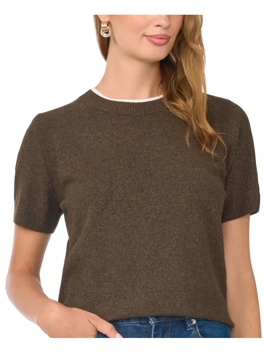 Свитер с контрастной горловиной и коротким рукавом, модель Contrast-Neck Short-Sleeve Sweater Vince