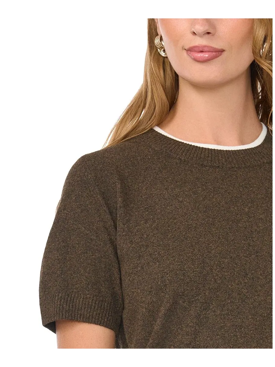 Свитер с контрастной горловиной и коротким рукавом, модель Contrast-Neck Short-Sleeve Sweater Vince — изображение 3 из 5