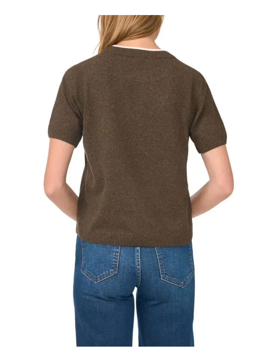 Свитер с контрастной горловиной и коротким рукавом, модель Contrast-Neck Short-Sleeve Sweater Vince — изображение 4 из 5