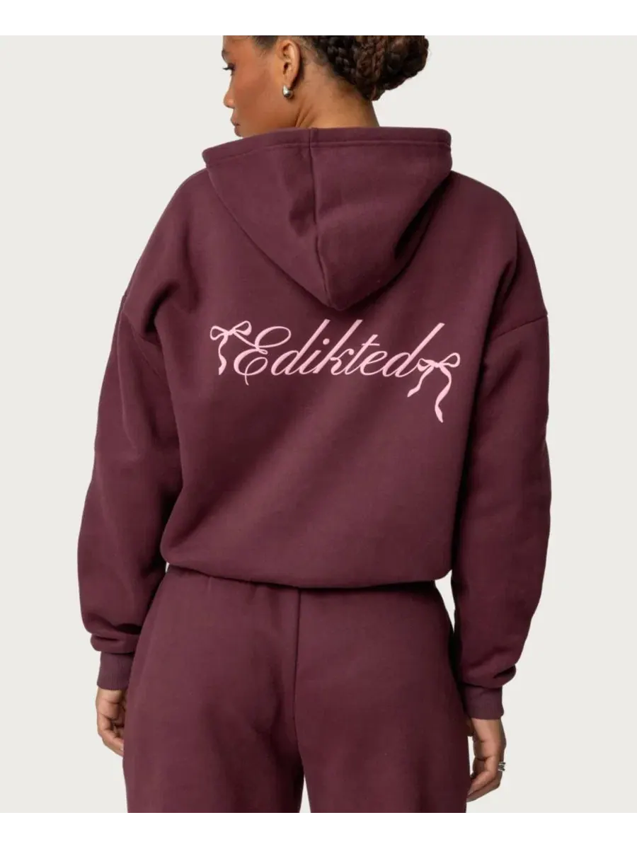 Худи оверсайз с бантом Sasha Oversized Graphic Fleece Edikted — изображение 2 из 5, бордовый