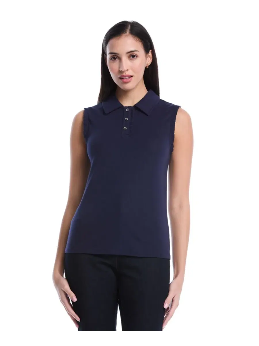 Женское поло без рукавов с рюшами Petite Ruffle Trim Sleeveless Polo Shirt Rafaella, Peacoat