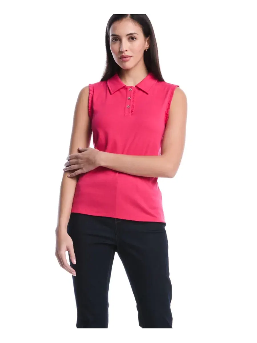 Пикап-рубашка-поло без рукавов с кружевной отделкой Petite Ruffle Trim Sleeveless Polo Shirt — изображение 1 из 5, малина