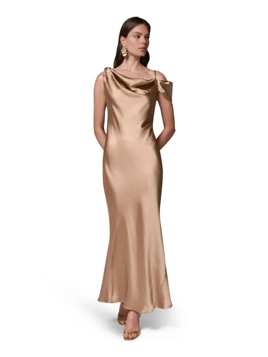 Платье из сатина с воротником-качели и асимметрией, модель Cowl Neck Asymmetrical Satin Donna Karan — изображение 1 из 5