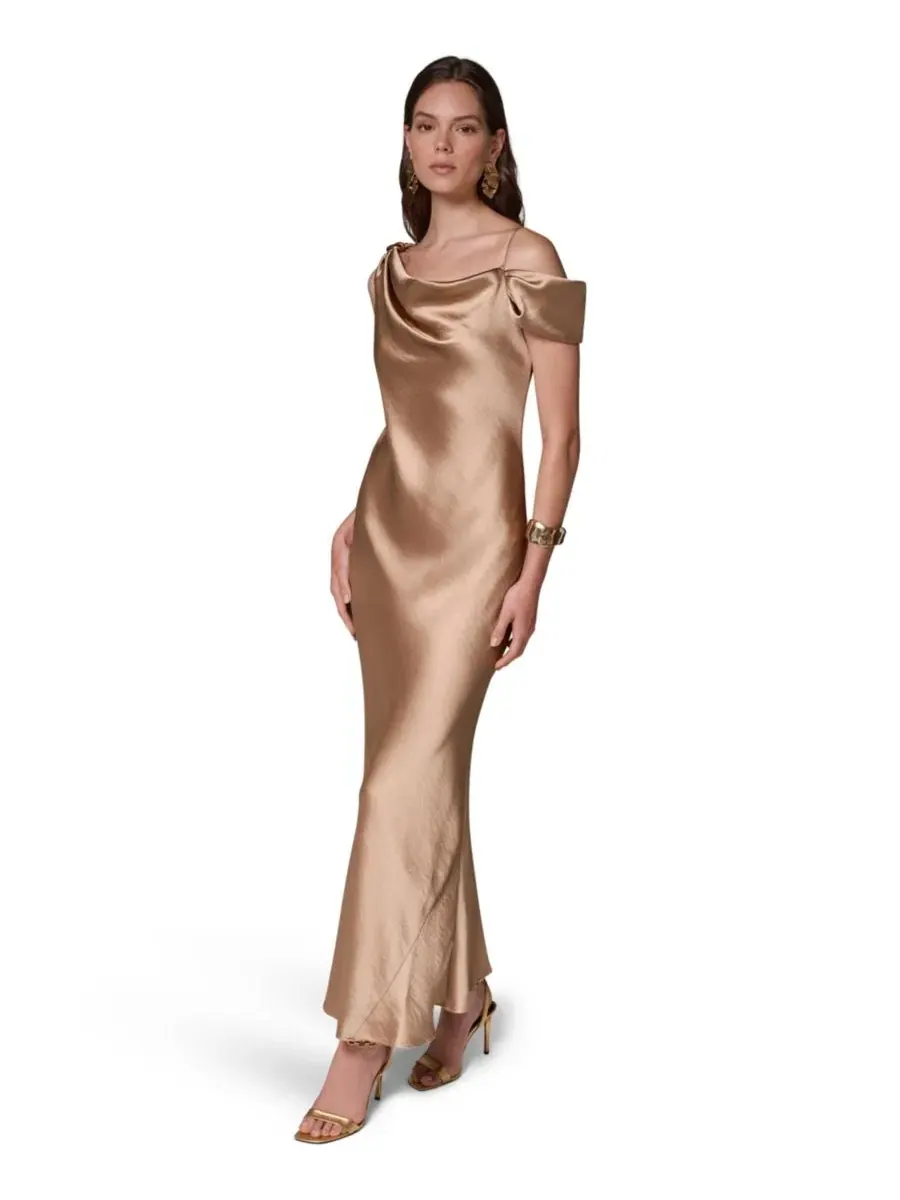 Платье из сатина с воротником-качели и асимметрией, модель Cowl Neck Asymmetrical Satin Donna Karan — изображение 3 из 5