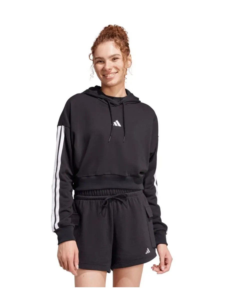 Женский укороченный худи из футера с фирменными полосками adidas