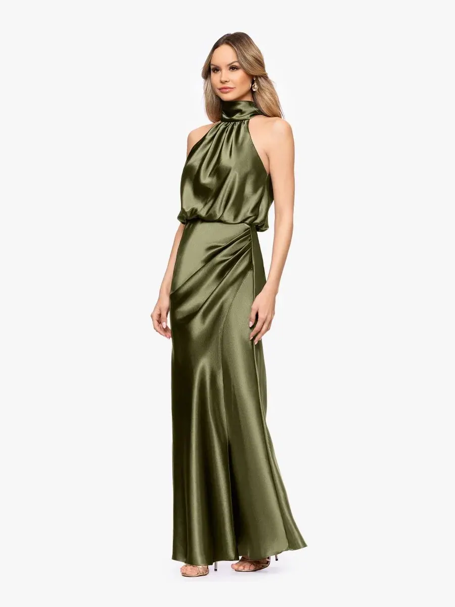 Платье макси с завязками на шее Petite Halter Neck Gown Betsy & Adam — изображение 2 из 4, оливковый