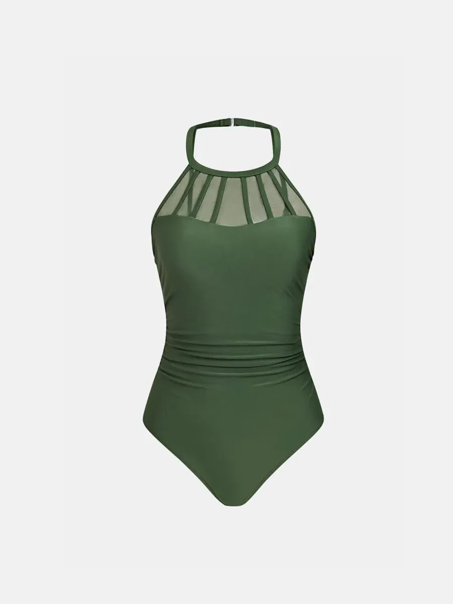 Цельный купальник с сетчатыми вставками и драпировкой, модель Scoop Neck Mesh Panel Ruched Cupshe — изображение 3 из 5