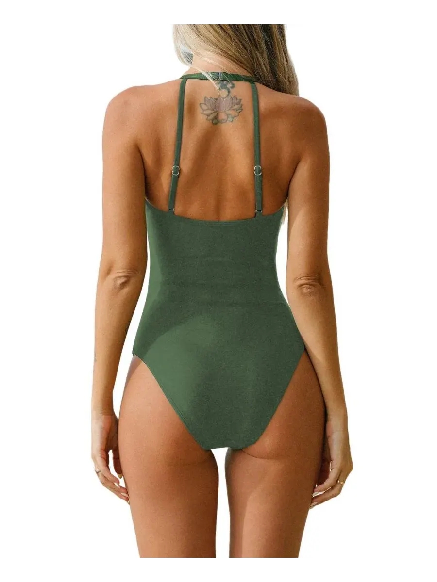 Цельный купальник с сетчатыми вставками и драпировкой, модель Scoop Neck Mesh Panel Ruched Cupshe — изображение 4 из 5