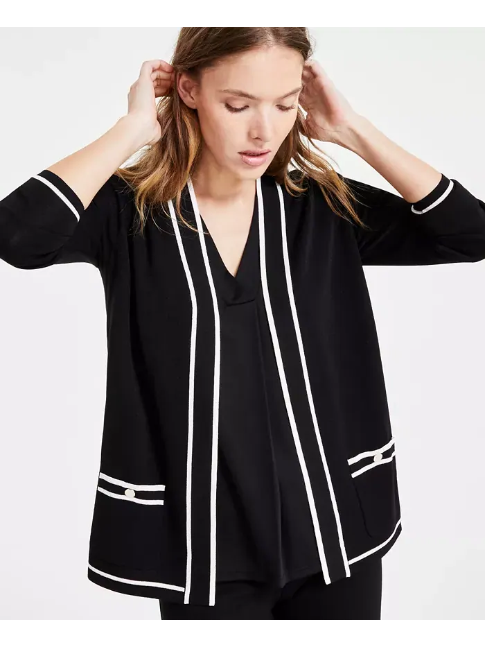 Женский кардиган Malibu с контрастной окантовкой Anne Klein — изображение 2 из 6, черный/белый