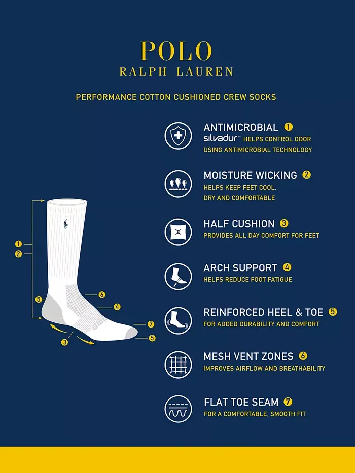 Мужские спортивные носки Performance Crew, 6 пар Polo Ralph Lauren — изображение 5 из 5