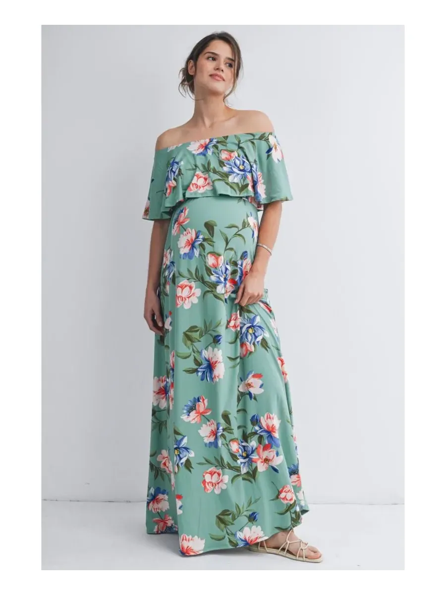 Длинное платье для беременных с открытыми плечами и оборками Hello Miz, Sage Floral — изображение 1 из 4