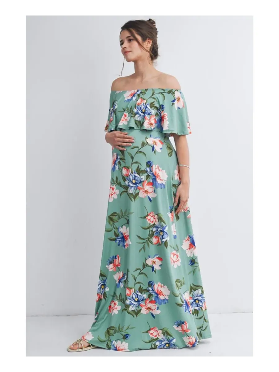 Длинное платье для беременных с открытыми плечами и оборками Hello Miz, Sage Floral — изображение 2 из 4