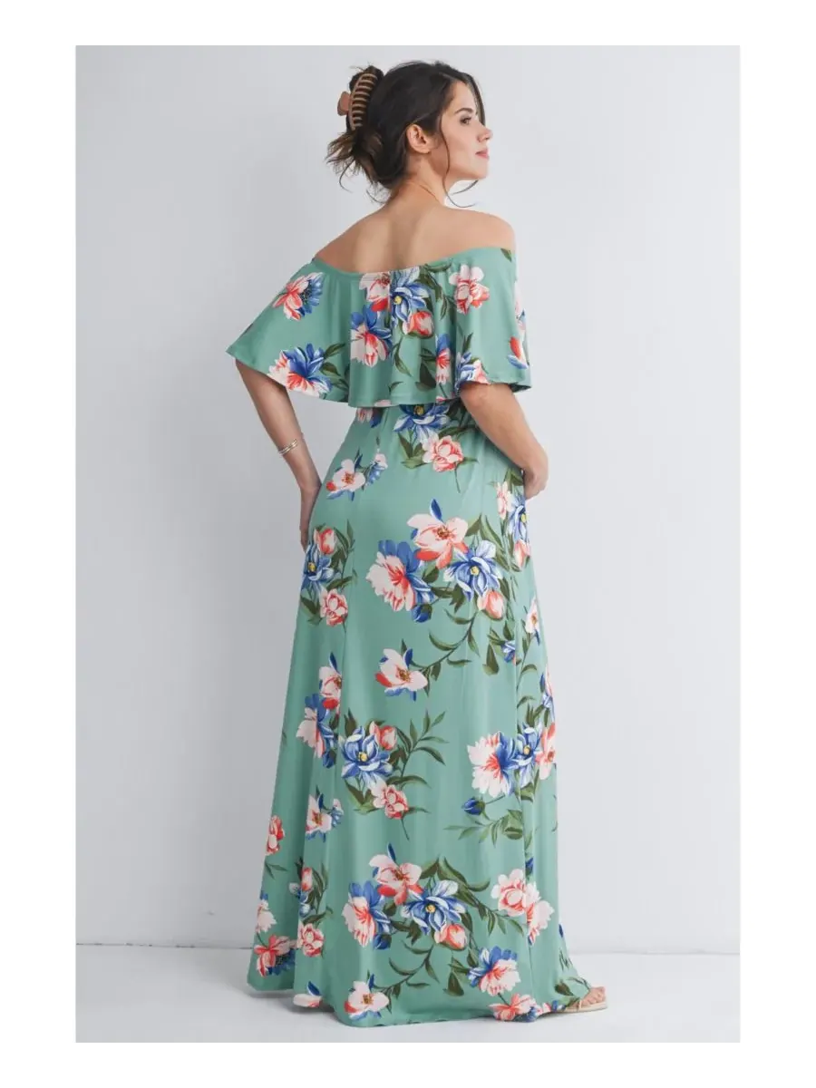 Длинное платье для беременных с открытыми плечами и оборками Hello Miz, Sage Floral — изображение 3 из 4