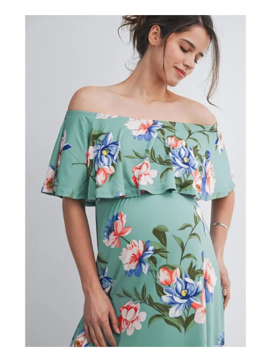 Длинное платье для беременных с открытыми плечами и оборками Hello Miz, Sage Floral — изображение 4 из 4