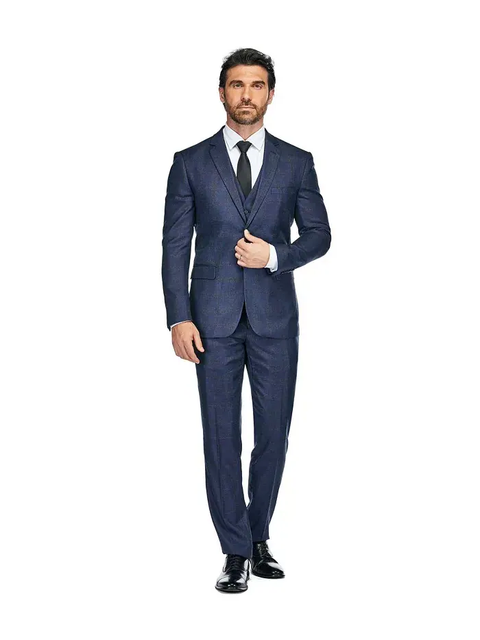 Мужской трехсоставной приталенный клетчатый костюм Slim Fit Tailored Check Suit Gino Vitale — синий