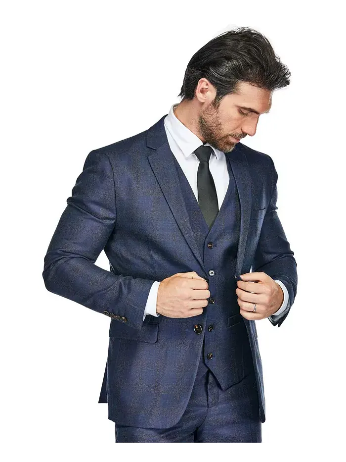 Мужской трехсоставной приталенный клетчатый костюм Slim Fit Tailored Check Suit Gino Vitale — изображение 2 из 4, синий