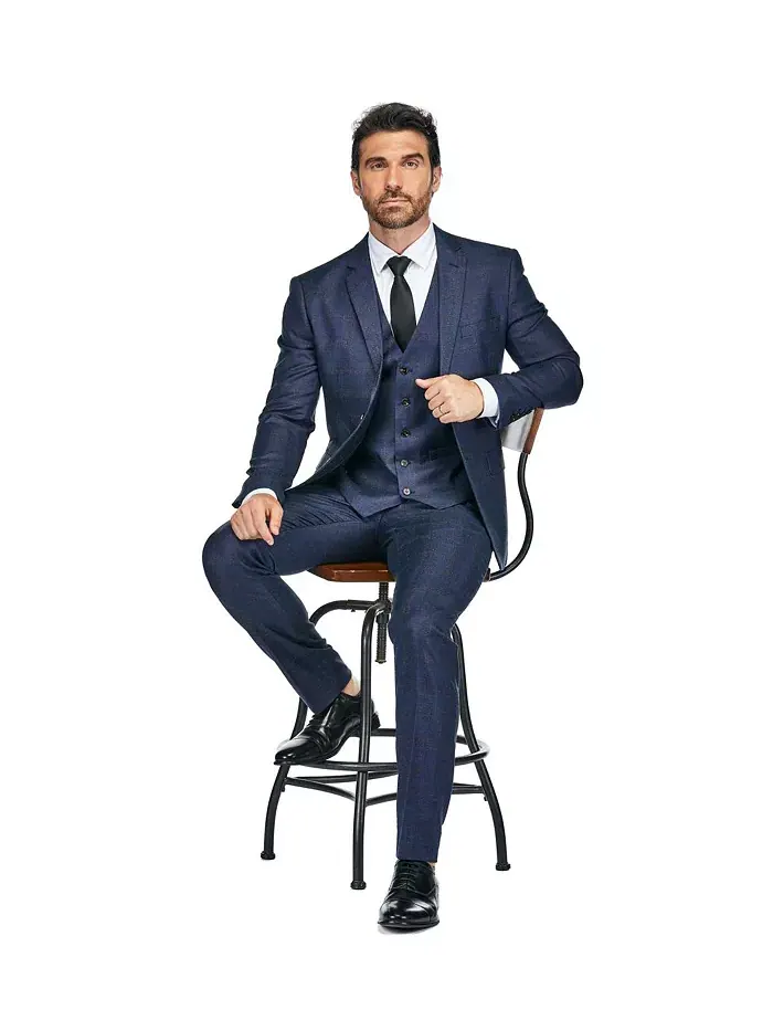 Мужской трехсоставной приталенный клетчатый костюм Slim Fit Tailored Check Suit Gino Vitale — изображение 4 из 4, синий