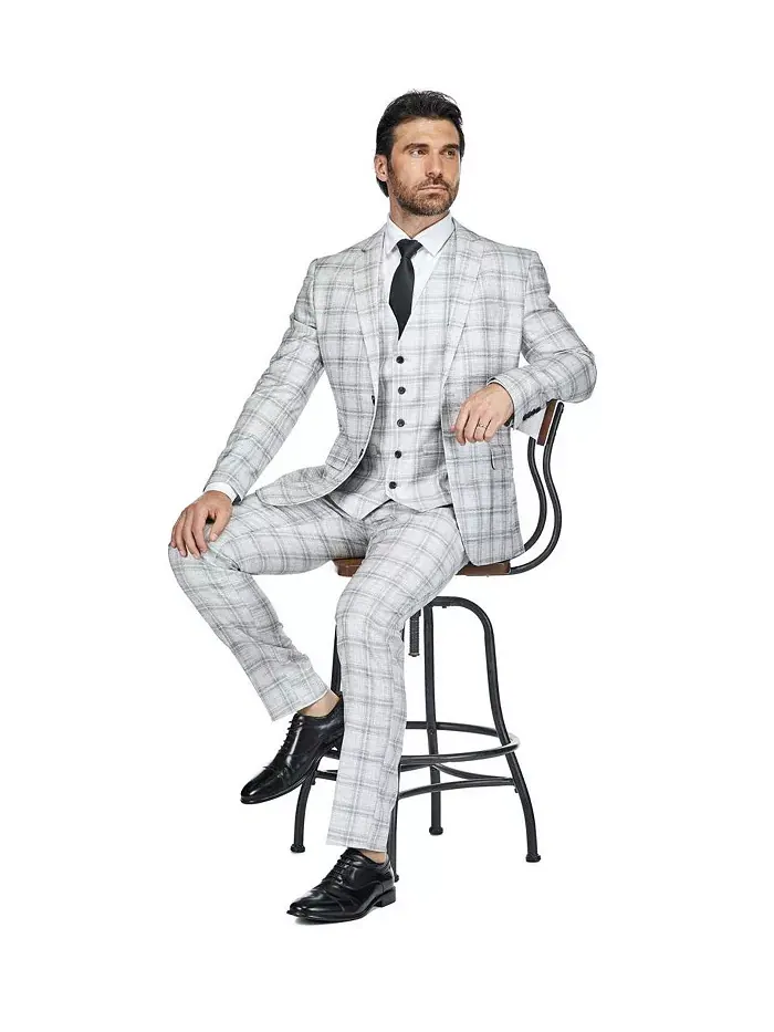 Мужской трехсоставной приталенный клетчатый костюм Slim Fit Tailored Check Suit Gino Vitale — изображение 2 из 4, белый