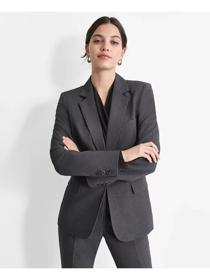 Женский пиджак с застежкой на пуговицы спереди и длинным рукавом DKNY — изображение 1 из 6, темно-серый