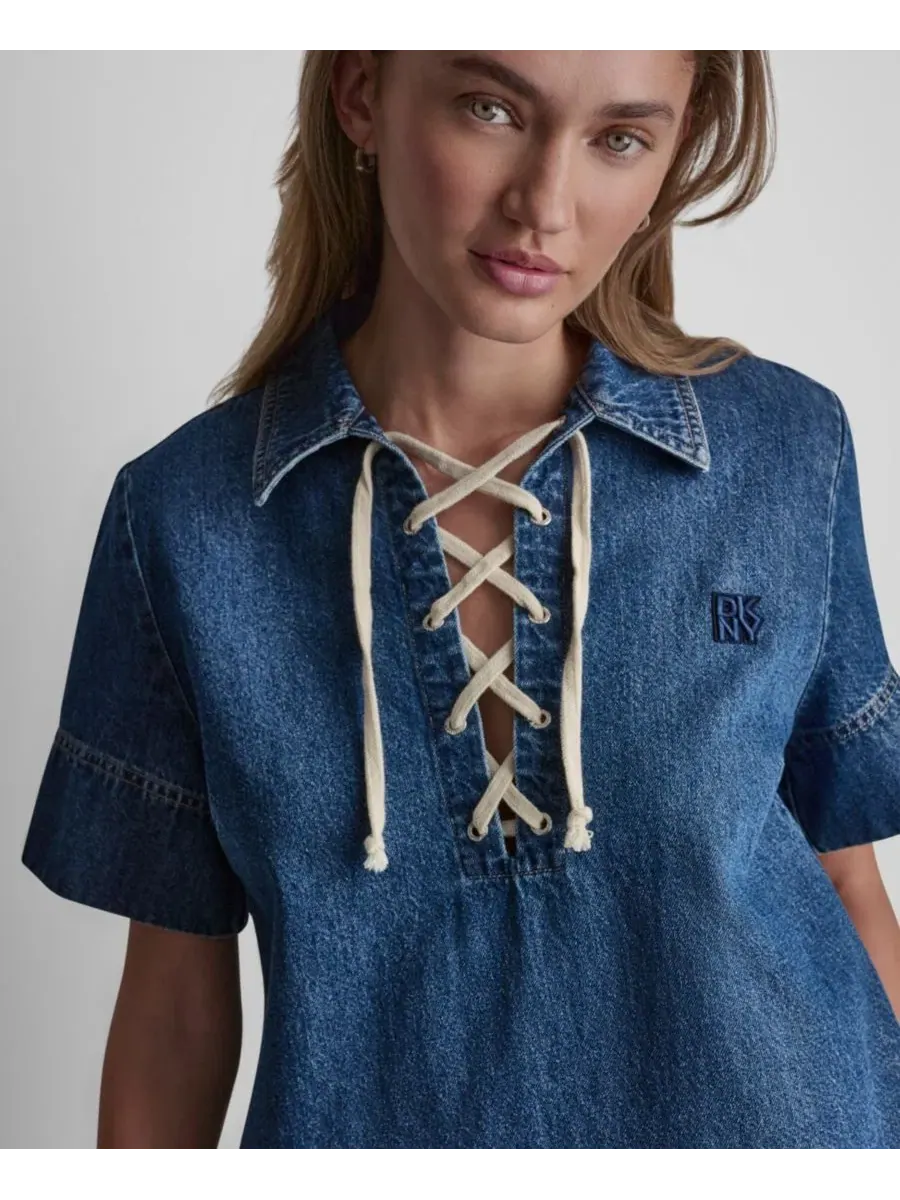 Женское платье-рубашка с короткими рукавами и шнуровкой Dkny Jeans — изображение 4 из 10, индиго