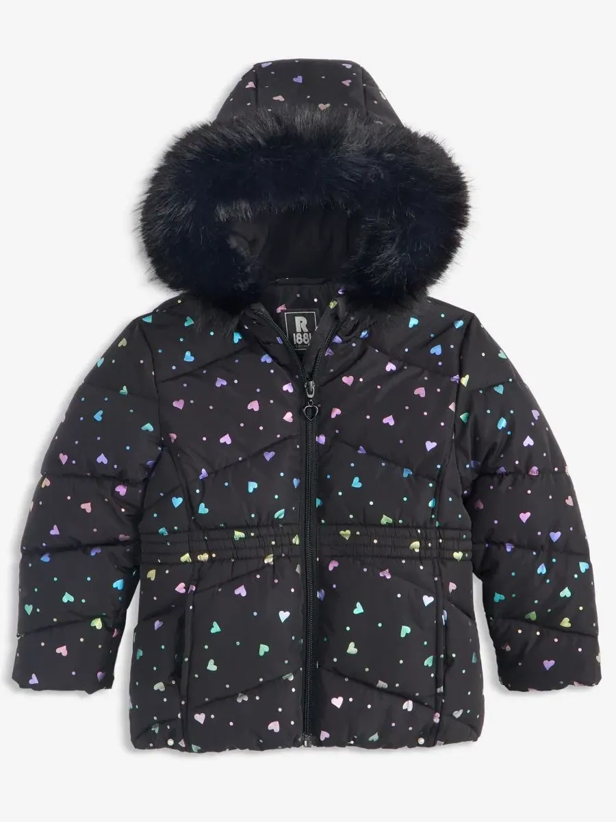 Детская куртка-пуховик стеганая с принтом, модель Foil Quilted Puffer Jacket With Faux-Fur-Trim