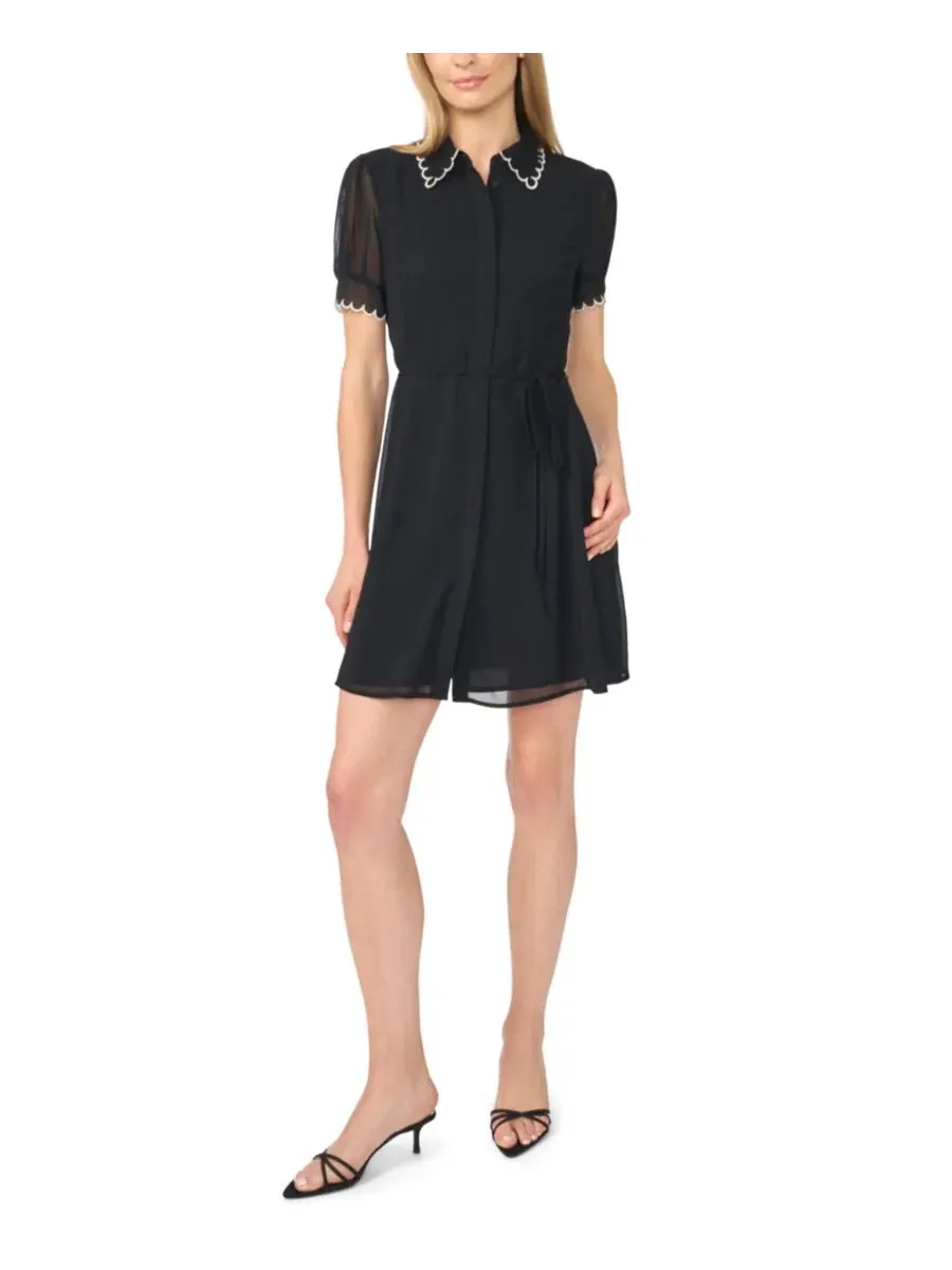 Платье мини с контрастной строчкой и съемным поясом, модель Contrast Stitch Short-Sleeve Scallop — изображение 1 из 3