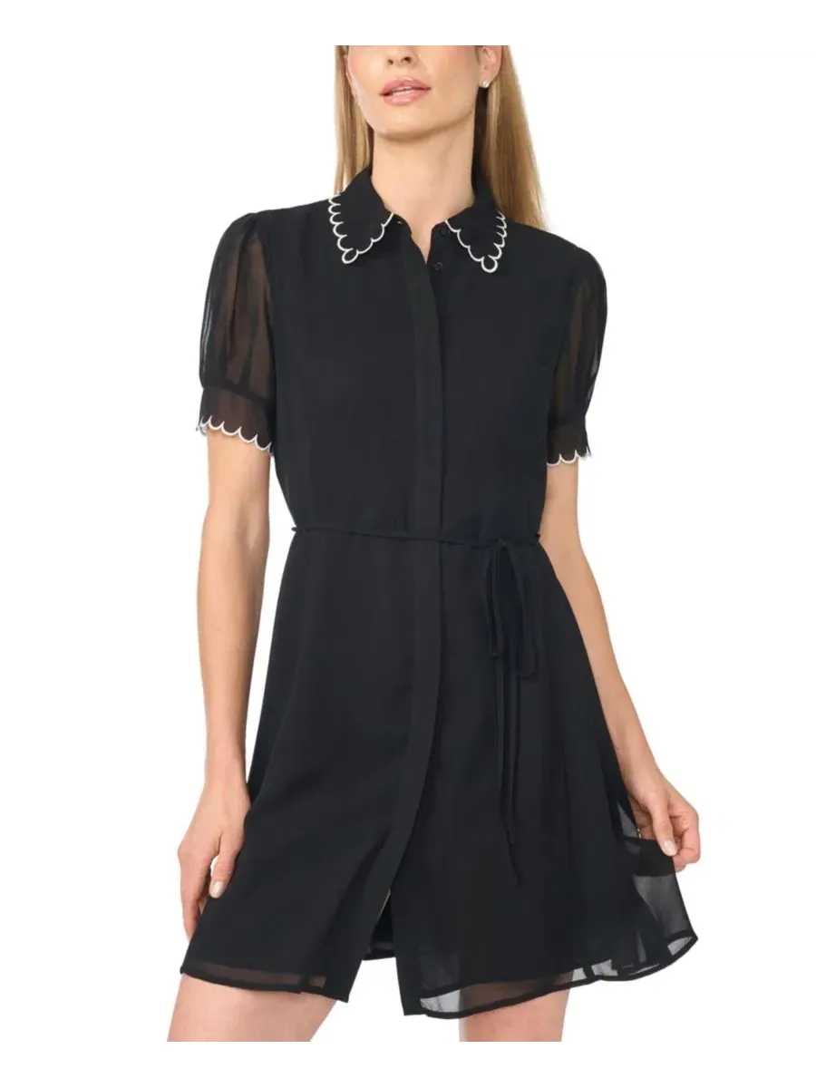 Платье мини с контрастной строчкой и съемным поясом, модель Contrast Stitch Short-Sleeve Scallop — изображение 2 из 3