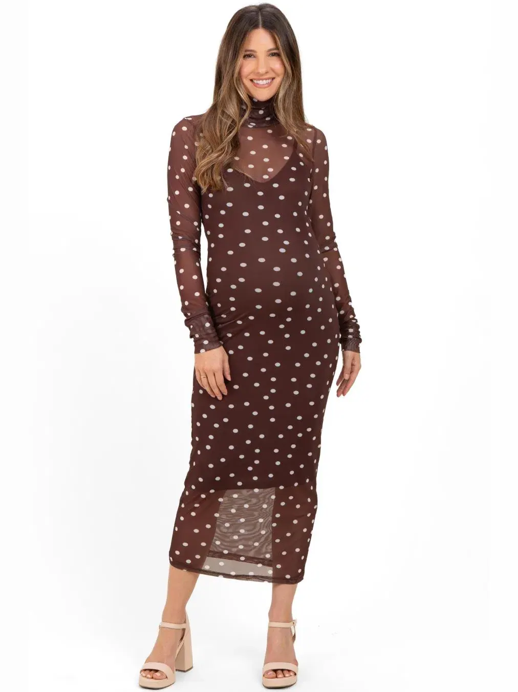 Платье миди с кружевной накладкой в горошек Mocha Polka Dot Mesh Overlay Pinkblush — изображение 1 из 3, коричневый