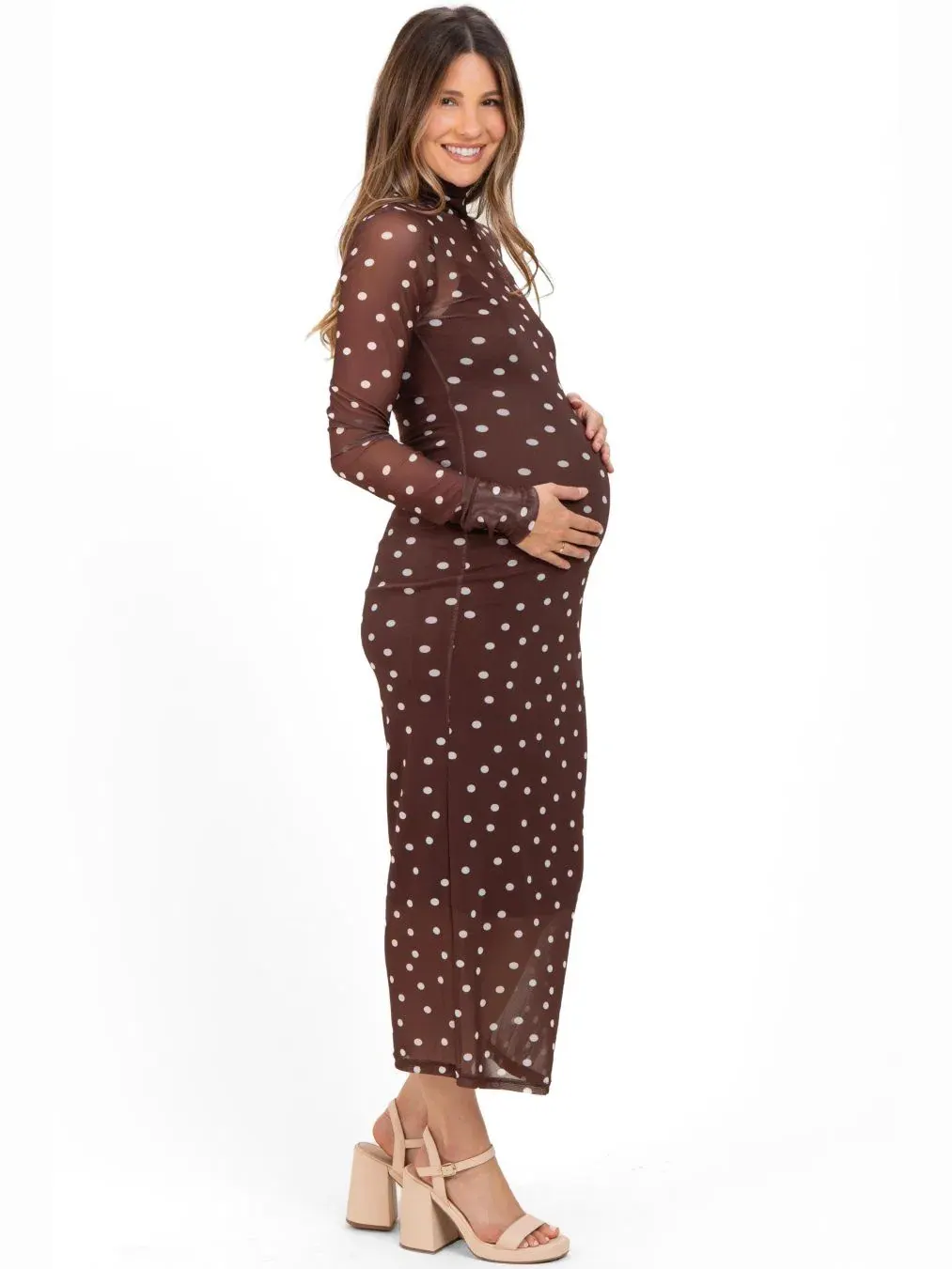 Платье миди с кружевной накладкой в горошек Mocha Polka Dot Mesh Overlay Pinkblush — изображение 2 из 3, коричневый