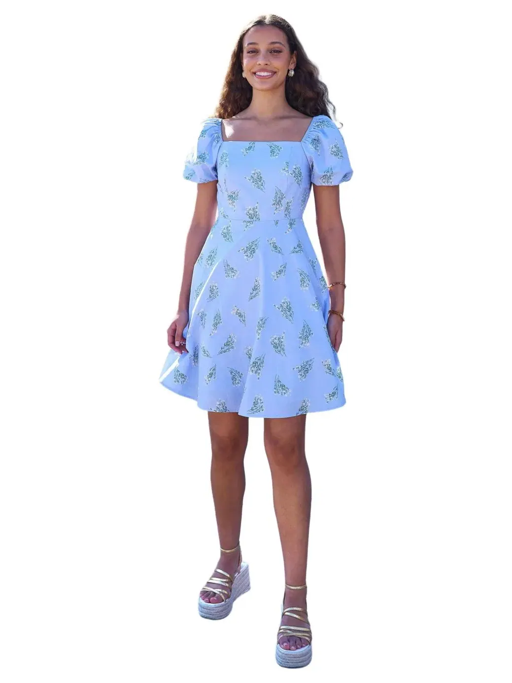 Платье-трапеция с цветочным принтом, с коротким рукавом-фонарик, модель Floral Puff Sleeve Skater — изображение 1 из 6, синий