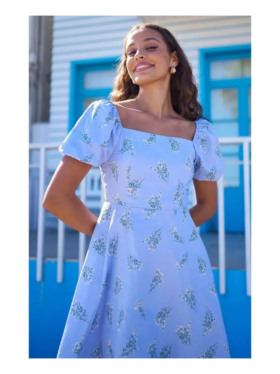 Платье-трапеция с цветочным принтом, с коротким рукавом-фонарик, модель Floral Puff Sleeve Skater — изображение 5 из 6, синий