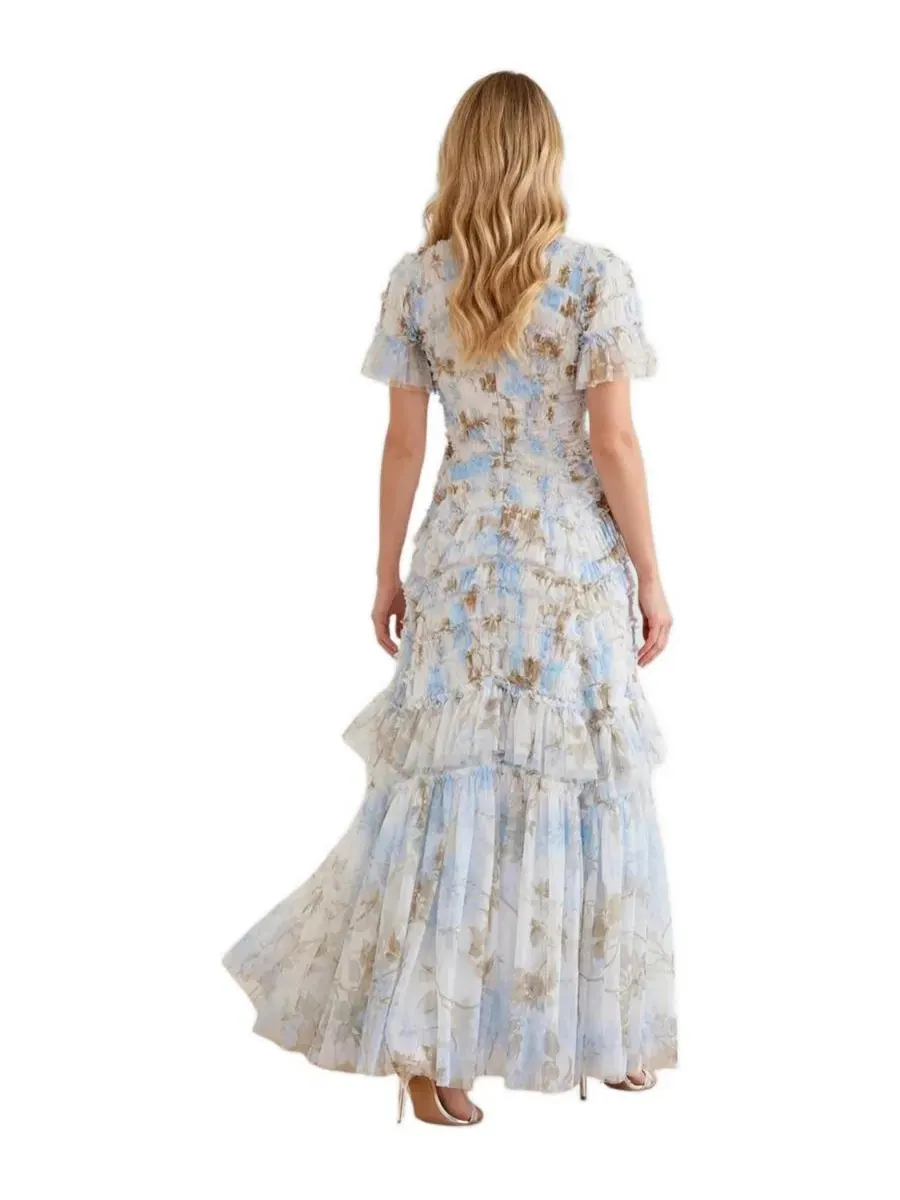 Платье с рюшами Wisteria Valentine Ruffle Gown Needle & Thread — изображение 2 из 4, белый/синий