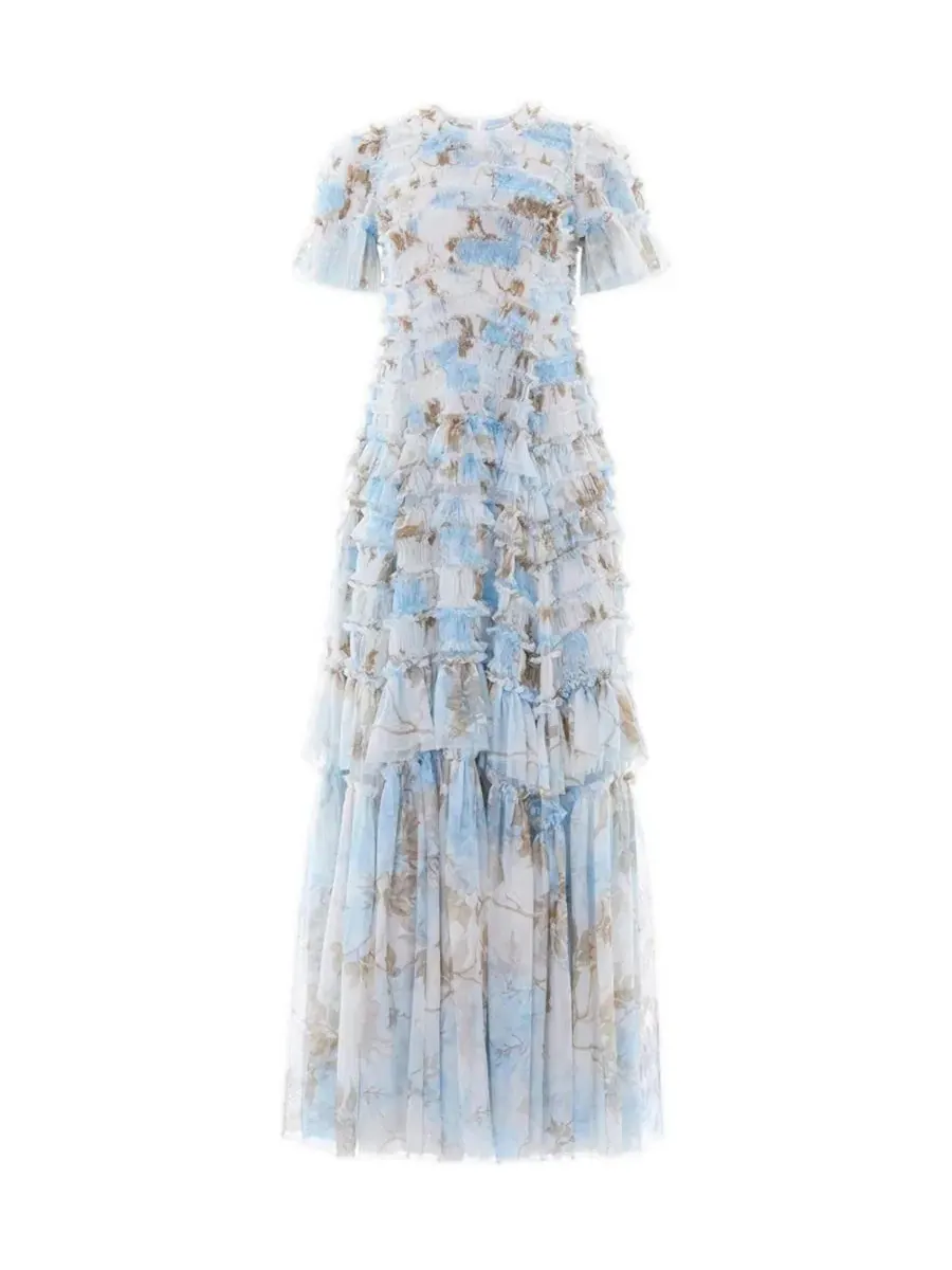 Платье с рюшами Wisteria Valentine Ruffle Gown Needle & Thread — изображение 3 из 4, белый/синий