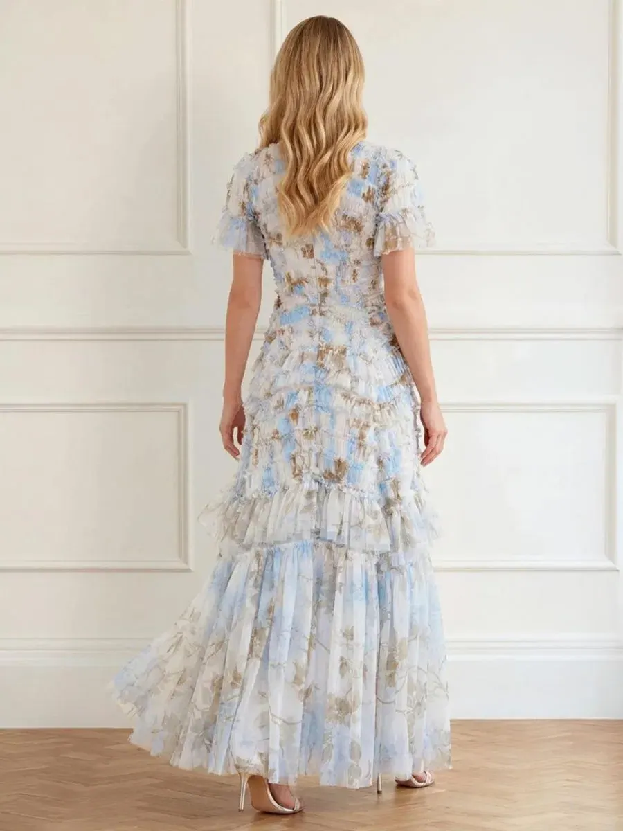 Платье с рюшами Wisteria Valentine Ruffle Gown Needle & Thread — изображение 4 из 4, белый/синий